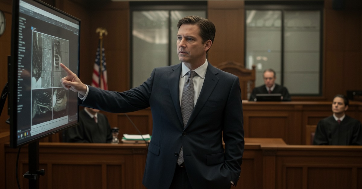 Forensic expert witness in dark suit presenting digital evidence on screen to judge and courtroom, pointing at medical imaging display during testimony