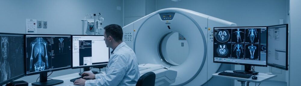 Forensic imaging specialist reviewing post-mortem CT scans on multiple monitors in modern digital autopsy laboratory