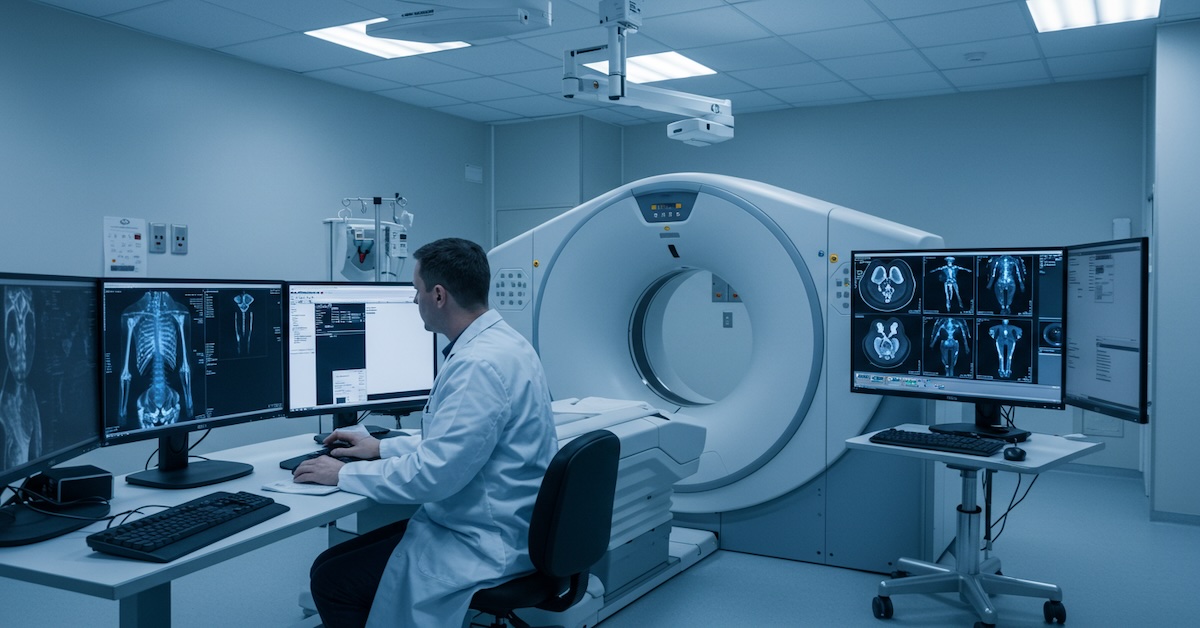 Forensic imaging specialist reviewing post-mortem CT scans on multiple monitors in modern digital autopsy laboratory