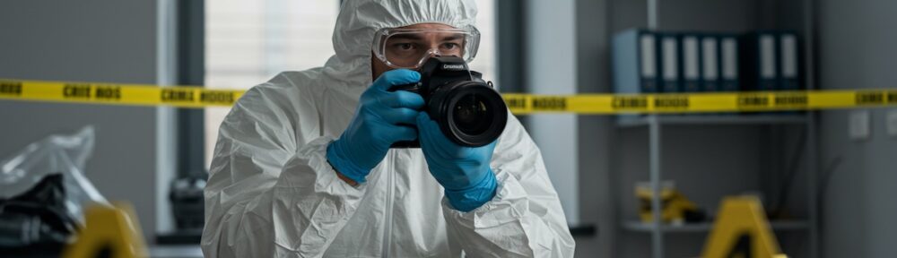 Forensic science technician in protective suit photographing evidence at crime scene with yellow evidence markers