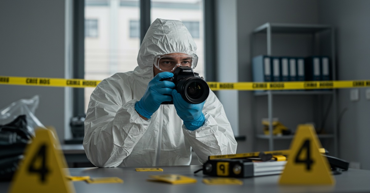 Forensic science technician in protective suit photographing evidence at crime scene with yellow evidence markers