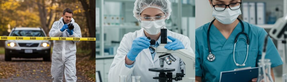Three-panel comparison showing crime scene investigator photographing evidence at outdoor scene, forensic lab technician using microscope in laboratory, and medical examiner with clipboard in medical facility