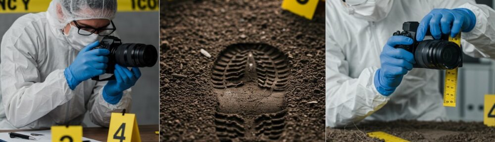 Crime scene investigators photographing and measuring footprint evidence in soil with yellow evidence markers and measurement tools