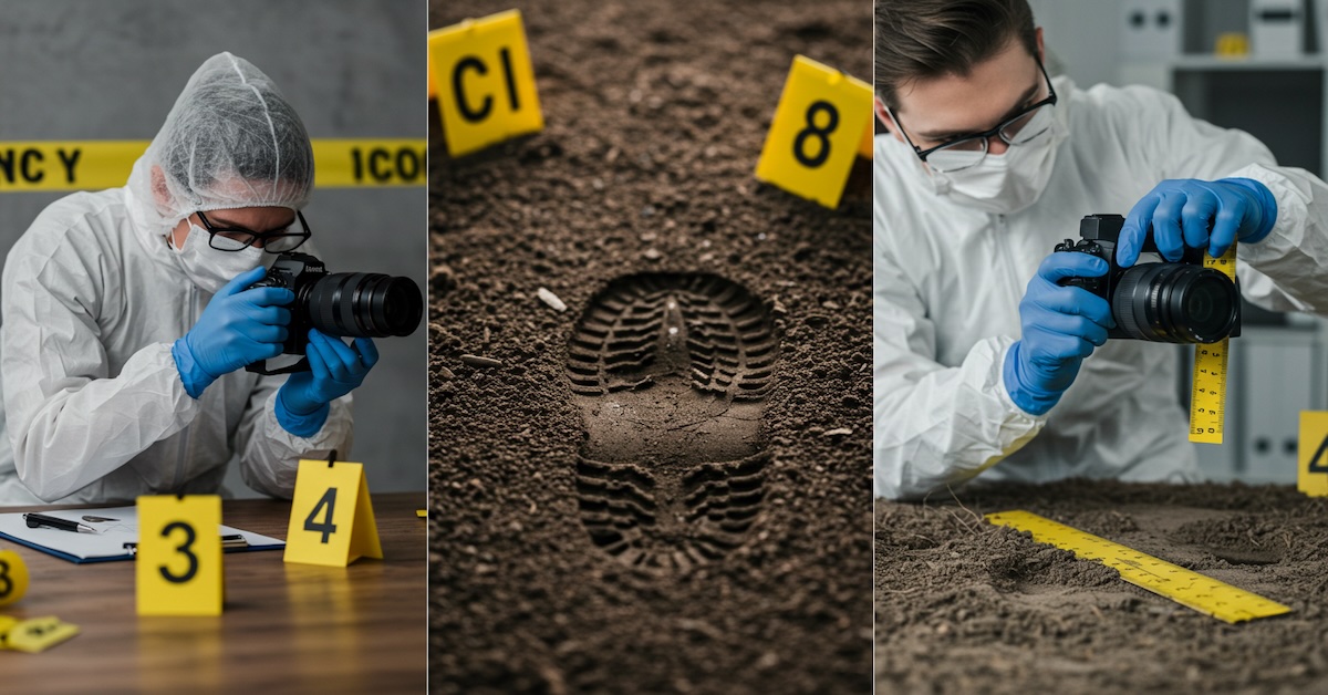 Crime scene investigators photographing and measuring footprint evidence in soil with yellow evidence markers and measurement tools