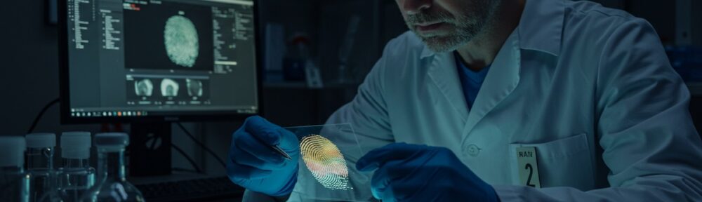 Forensic scientist in lab coat examining fingerprint evidence with digital analysis software visible on computer screen