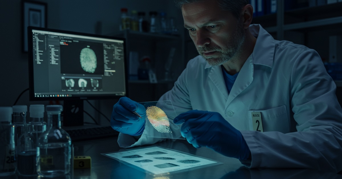 Forensic scientist in lab coat examining fingerprint evidence with digital analysis software visible on computer screen