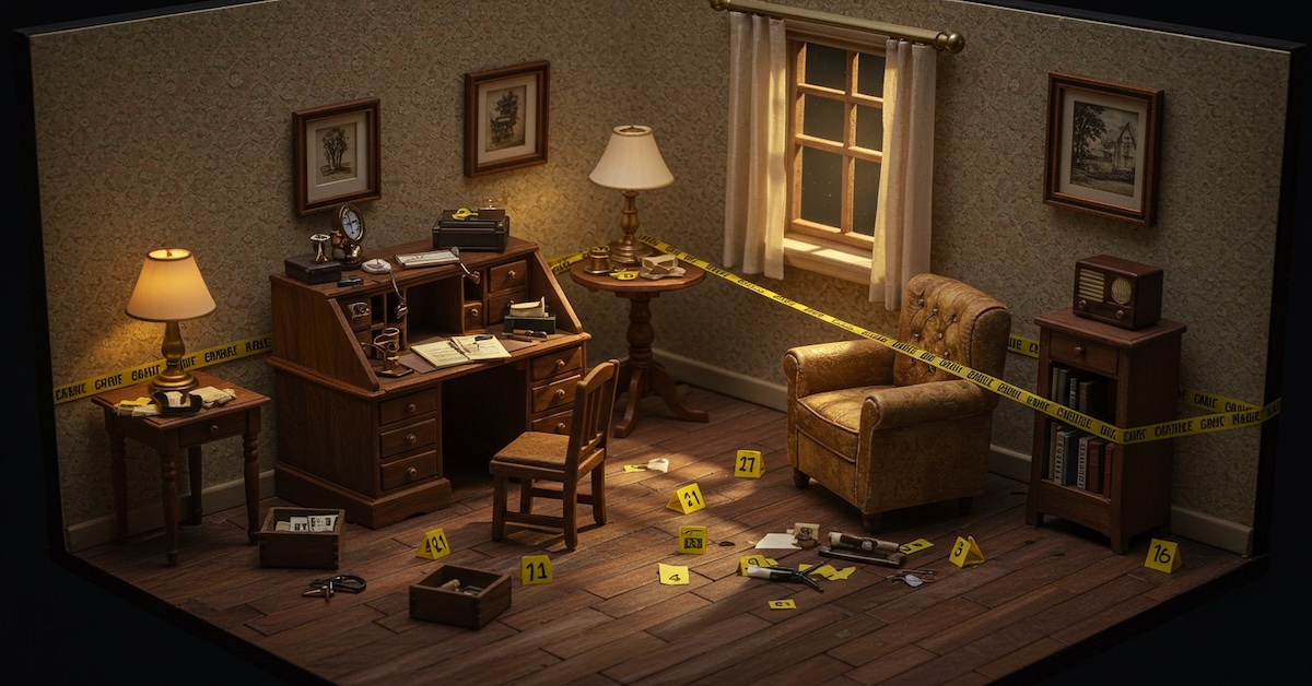 Miniature crime scene diorama showing 1940s room with evidence markers, scaled furniture, crime scene tape, and forensic investigation training setup
