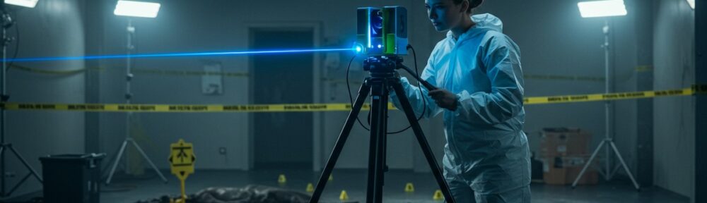 Crime scene investigator in protective suit operating 3D laser scanner with blue beam at indoor crime scene with evidence markers