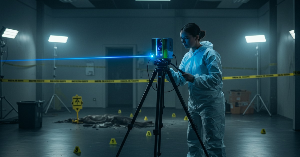 Crime scene investigator in protective suit operating 3D laser scanner with blue beam at indoor crime scene with evidence markers