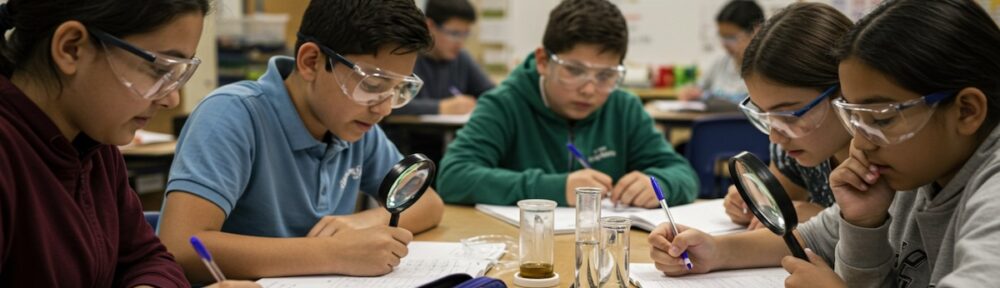 Middle school students wearing safety goggles examining evidence with magnifying glasses during a hands-on CSI forensic science investigation in their classroom, taking notes while analyzing samples at their desk