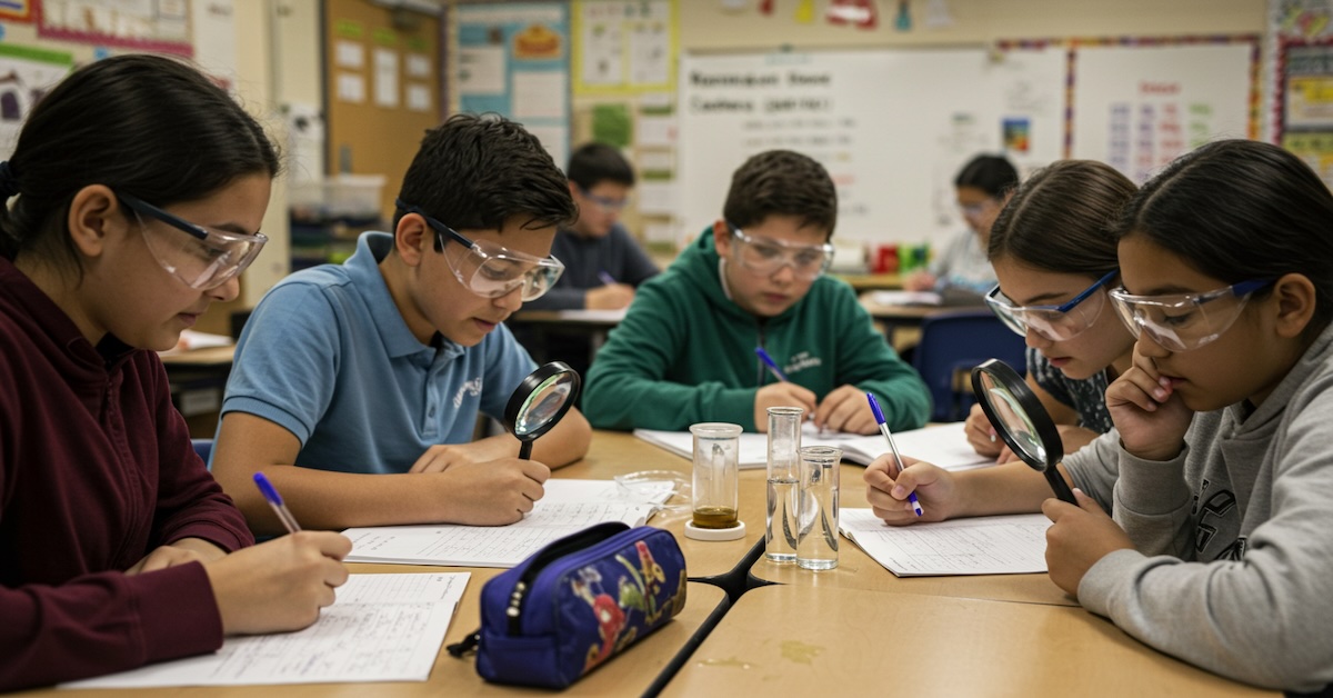 Middle school students wearing safety goggles examining evidence with magnifying glasses during a hands-on CSI forensic science investigation in their classroom, taking notes while analyzing samples at their desk