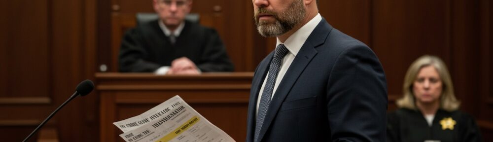 CSI specialist presenting evidence documentation during courtroom testimony with judge and court officials in background