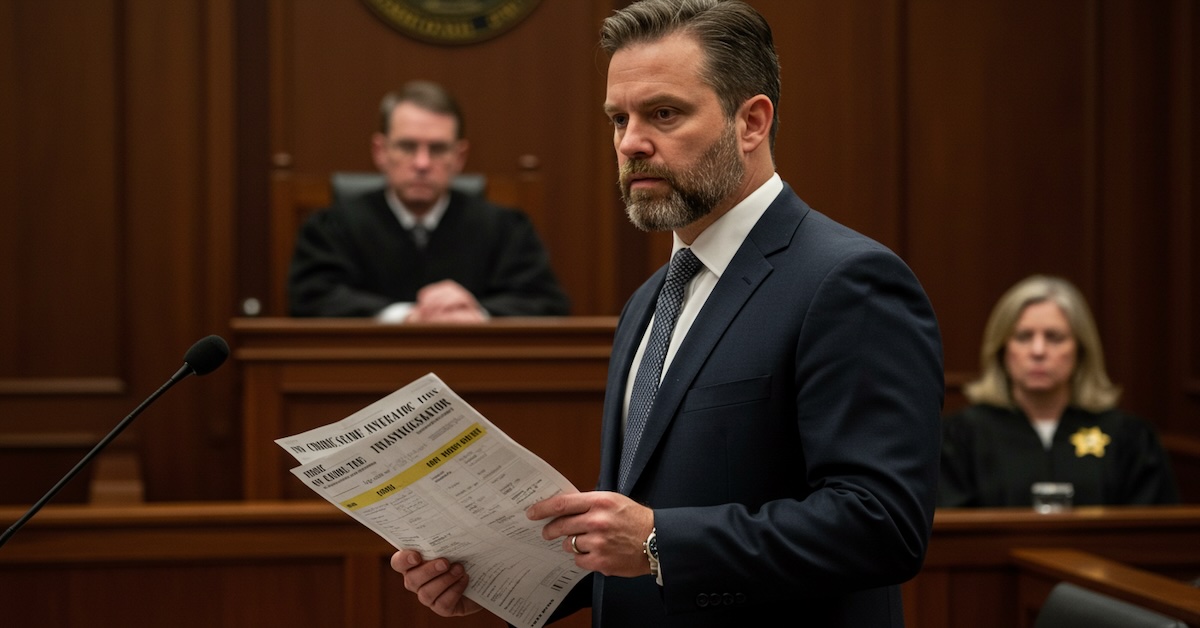 CSI specialist presenting evidence documentation during courtroom testimony with judge and court officials in background
