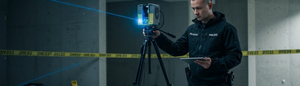 Police officer operating a tripod-mounted 3D laser scanner with tablet control at an indoor crime scene with evidence tape