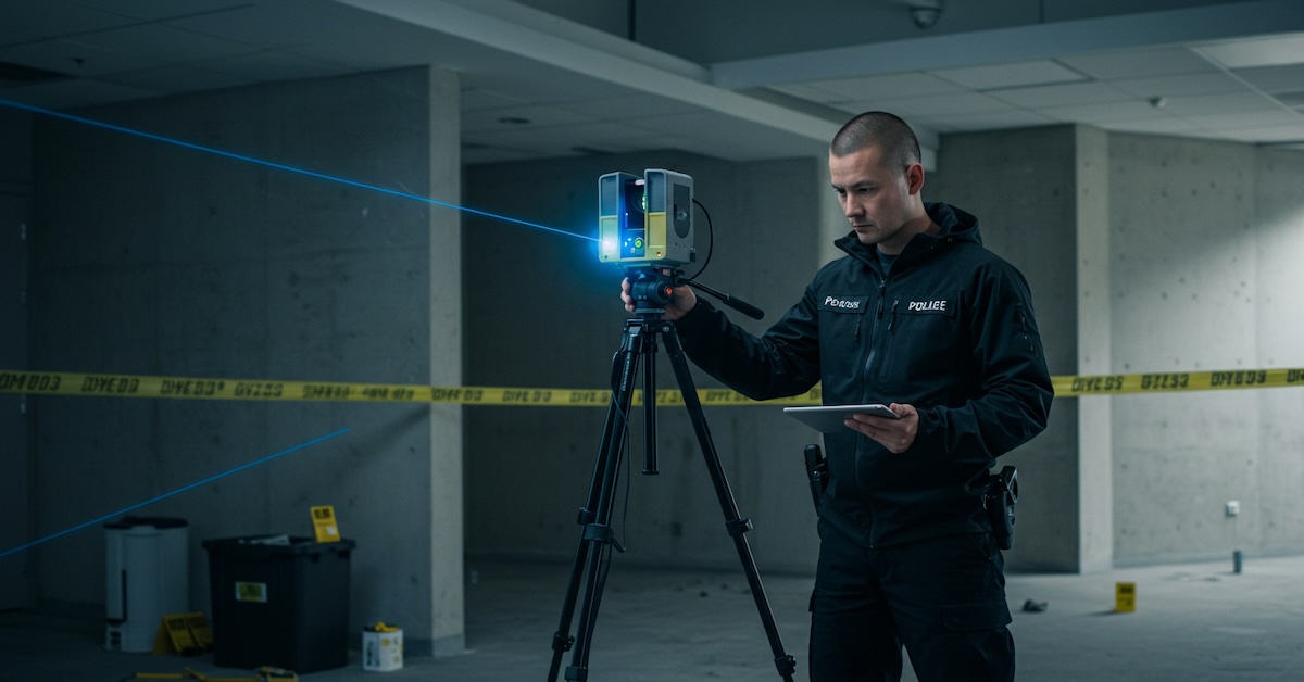 Police officer operating a tripod-mounted 3D laser scanner with tablet control at an indoor crime scene with evidence tape