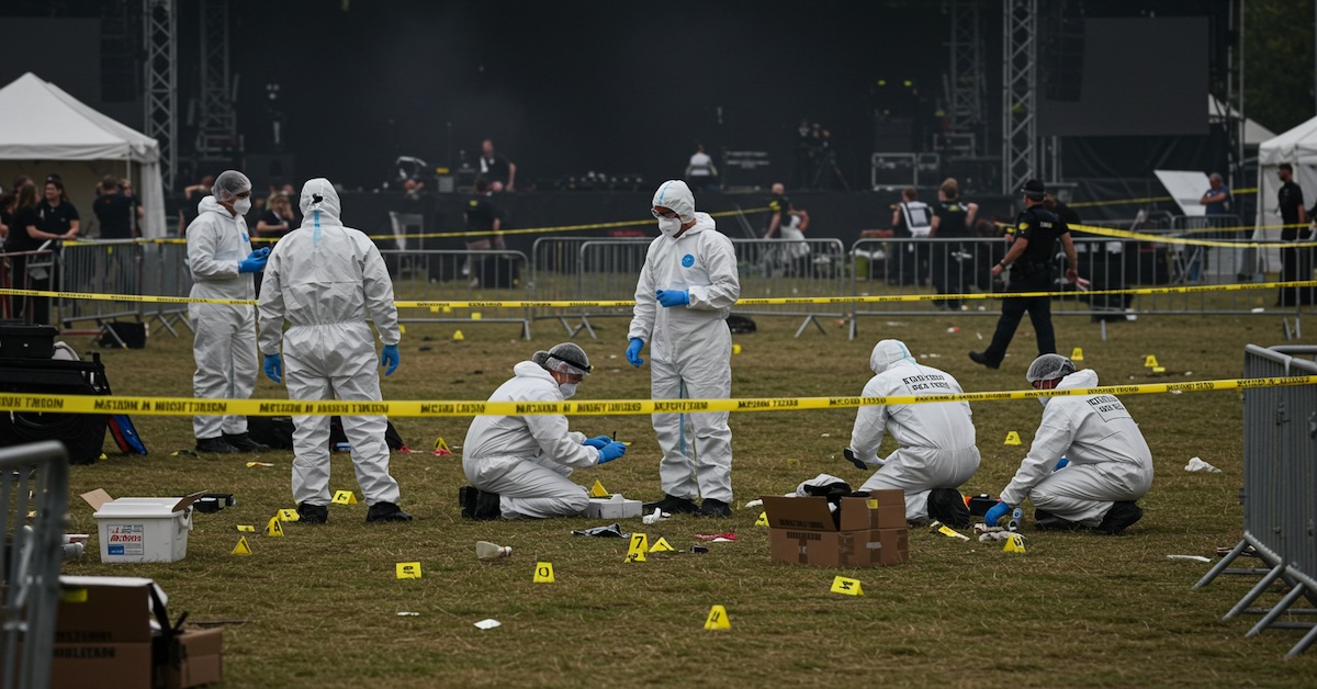 CSI team in protective suits collecting evidence at outdoor mass casualty scene with yellow markers and evidence boxes