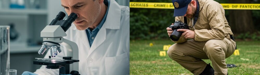 Split image showing forensic scientist in lab versus CSI photographing crime scene evidence.