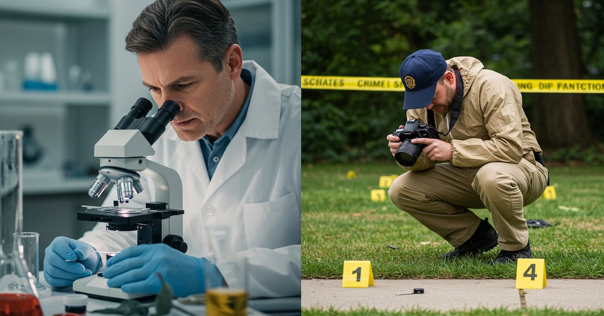 Split image showing forensic scientist in lab versus CSI photographing crime scene evidence.