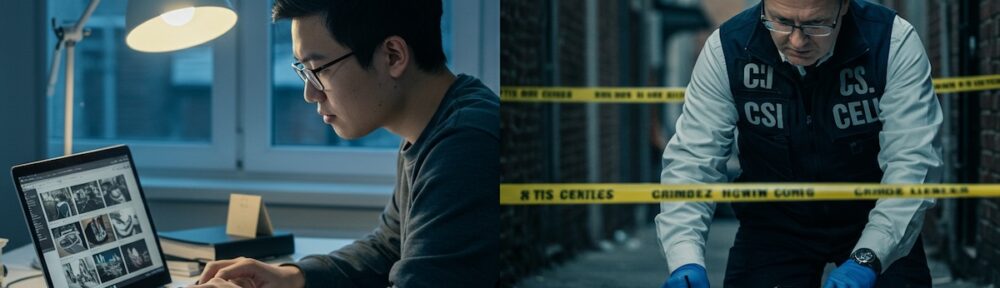 Split-screen comparison showing online CSI student reviewing crime scene photos on laptop in home office on left, and professional CSI investigator in vest collecting evidence at crime scene with yellow tape and numbered markers on right.