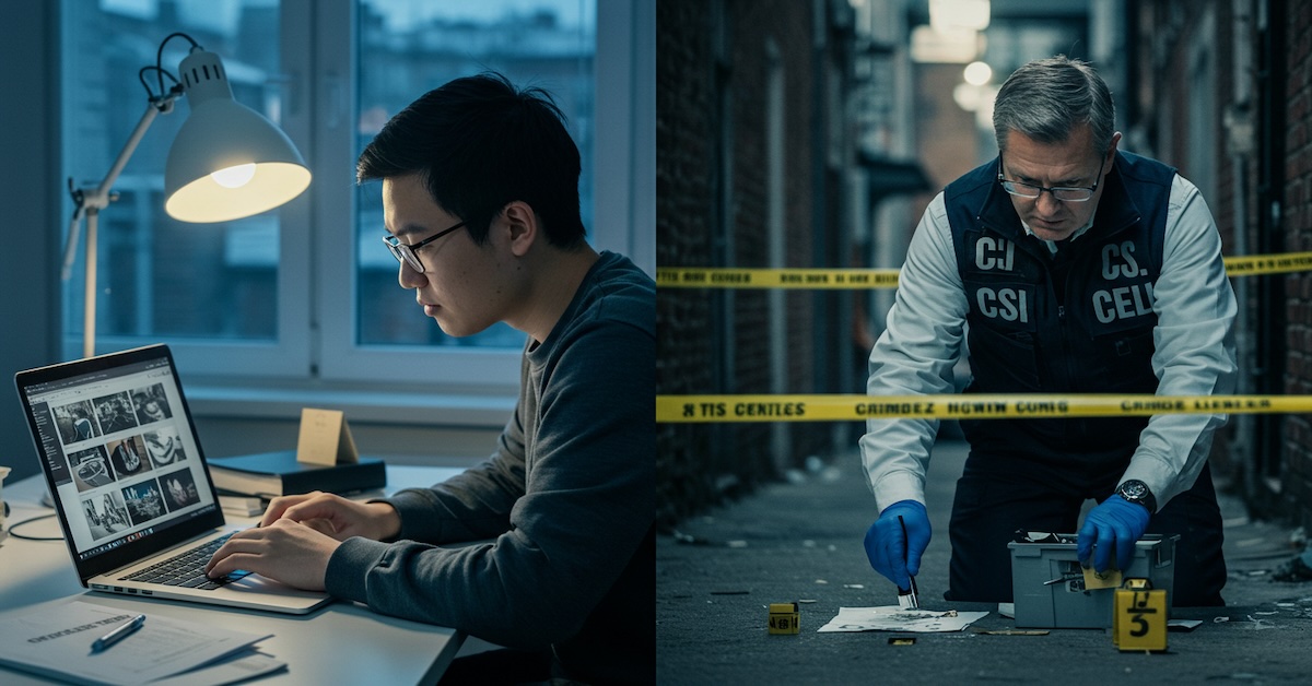 Split-screen comparison showing online CSI student reviewing crime scene photos on laptop in home office on left, and professional CSI investigator in vest collecting evidence at crime scene with yellow tape and numbered markers on right.