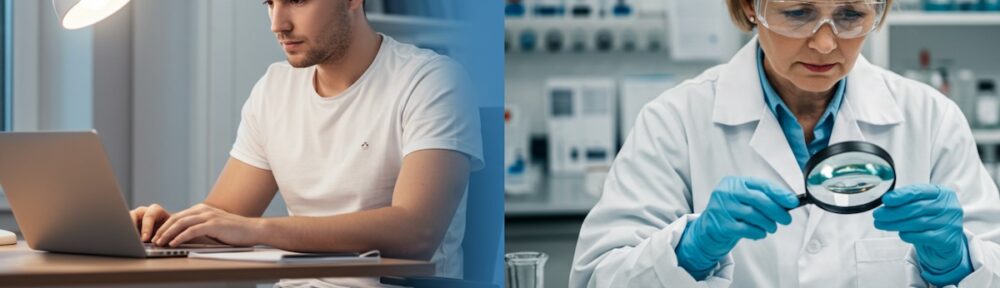 Split-screen image showing online forensic science student working on laptop at home desk on left, and female forensic scientist in lab coat and safety goggles examining evidence with magnifying glass in laboratory on right
