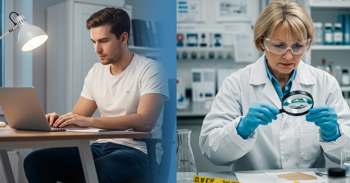 Split-screen image showing online forensic science student working on laptop at home desk on left, and female forensic scientist in lab coat and safety goggles examining evidence with magnifying glass in laboratory on right