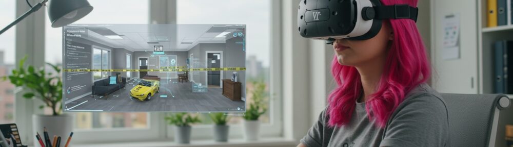 Student with pink hair wearing VR headset examining virtual crime scene with evidence markers and crime scene tape in simulated forensic training environment.
