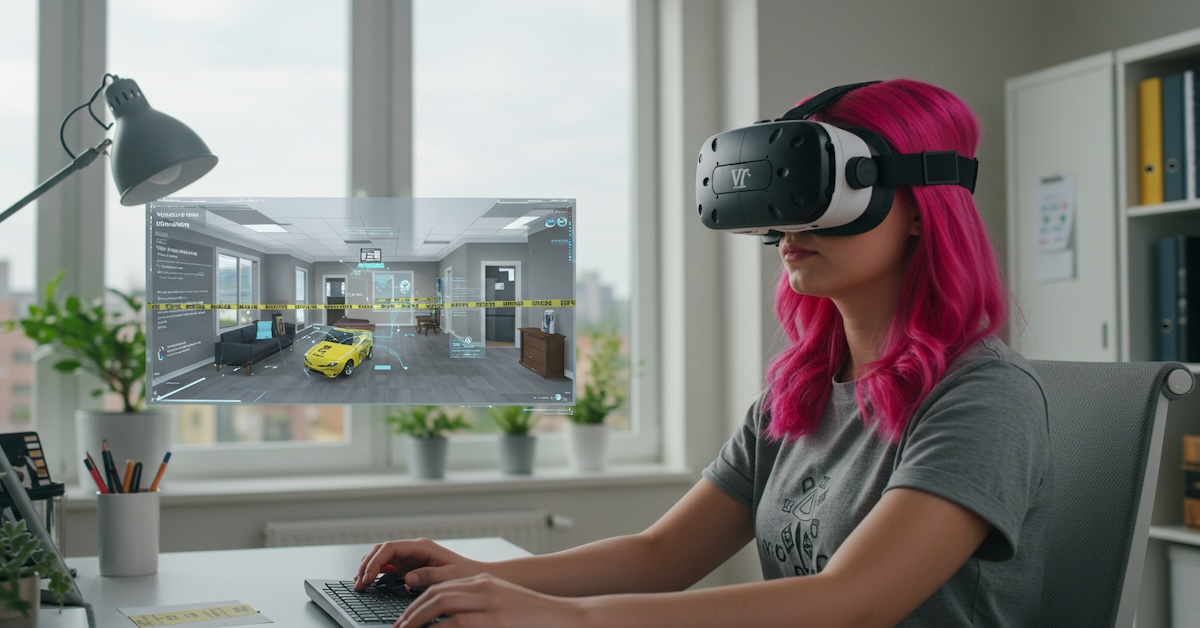 Student with pink hair wearing VR headset examining virtual crime scene with evidence markers and crime scene tape in simulated forensic training environment.
