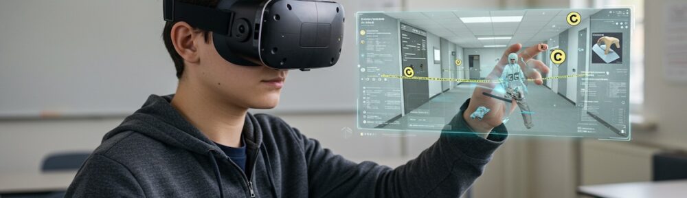 Forensic science student using virtual reality headset to examine digital crime scene with holographic evidence markers and data analysis interface in modern classroom