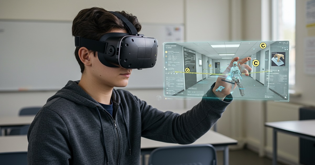 Forensic science student using virtual reality headset to examine digital crime scene with holographic evidence markers and data analysis interface in modern classroom