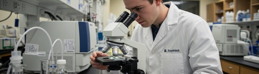 Forensic science graduate student in white lab coat examining evidence through microscope in university research laboratory.