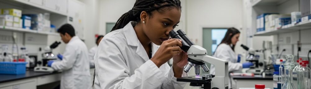 Forensic science student examining evidence through microscope during paid work-study position in university crime laboratory, with other students conducting lab work in background.