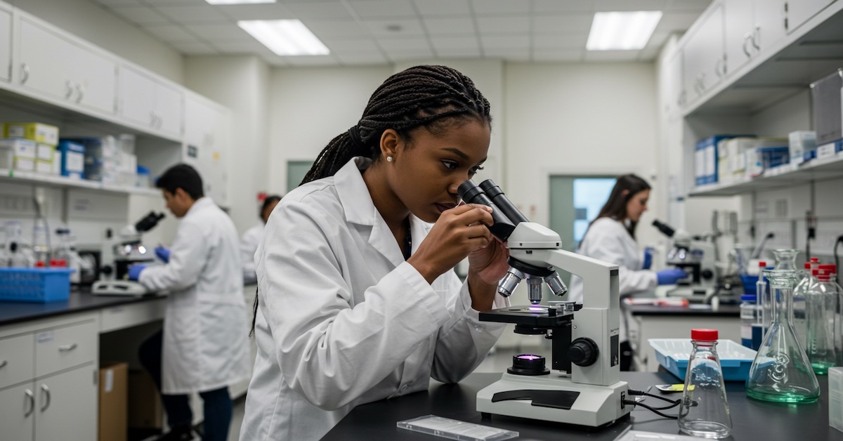 Forensic science student examining evidence through microscope during paid work-study position in university crime laboratory, with other students conducting lab work in background.