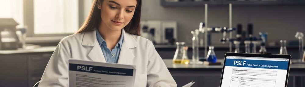 Young forensic scientist in white lab coat reviewing PSLF Public Service Loan Forgiveness documents at desk with laptop in modern crime laboratory