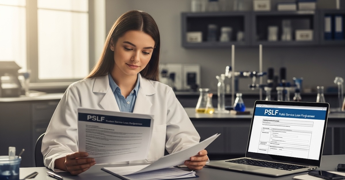 Young forensic scientist in white lab coat reviewing PSLF Public Service Loan Forgiveness documents at desk with laptop in modern crime laboratory