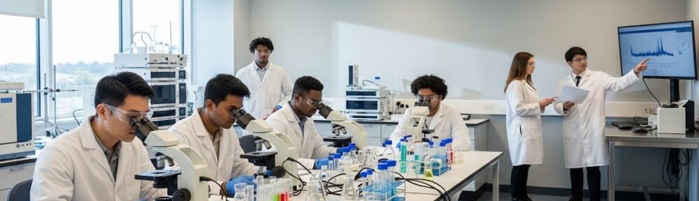 Diverse group of forensic science students in white lab coats working with microscopes and scientific equipment in modern laboratory