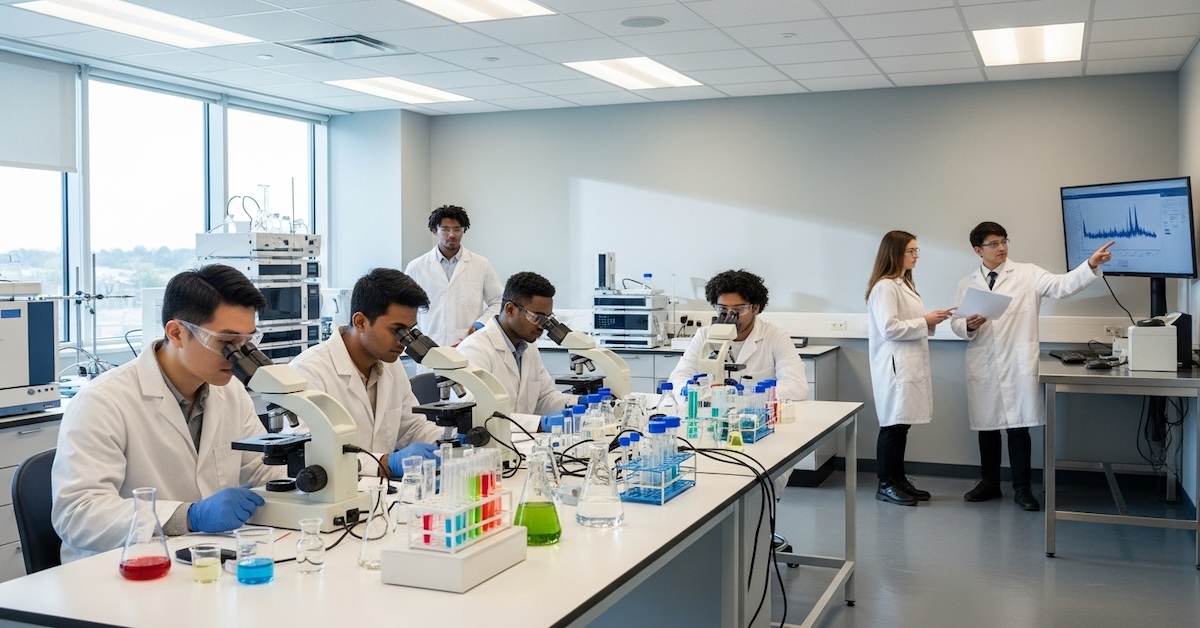 Diverse group of forensic science students in white lab coats working with microscopes and scientific equipment in modern laboratory