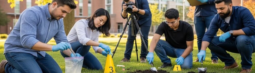 Forensic science students wearing gloves collect evidence at a mock crime scene on a university campus during CSI education training