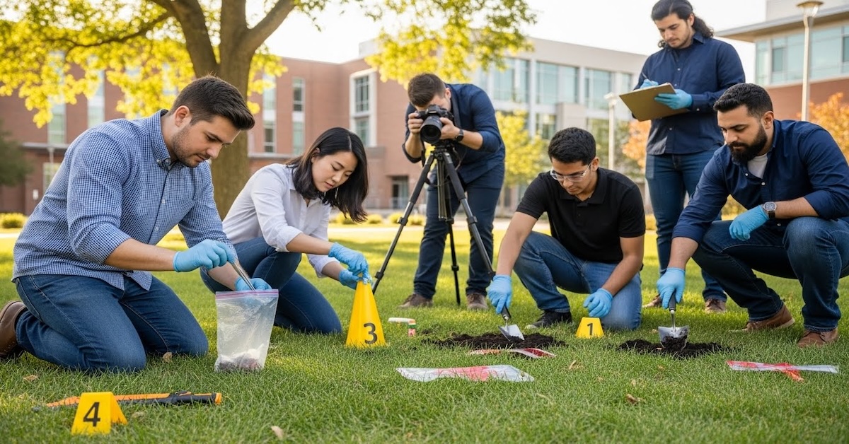 Forensic science students wearing gloves collect evidence at a mock crime scene on a university campus during CSI education training