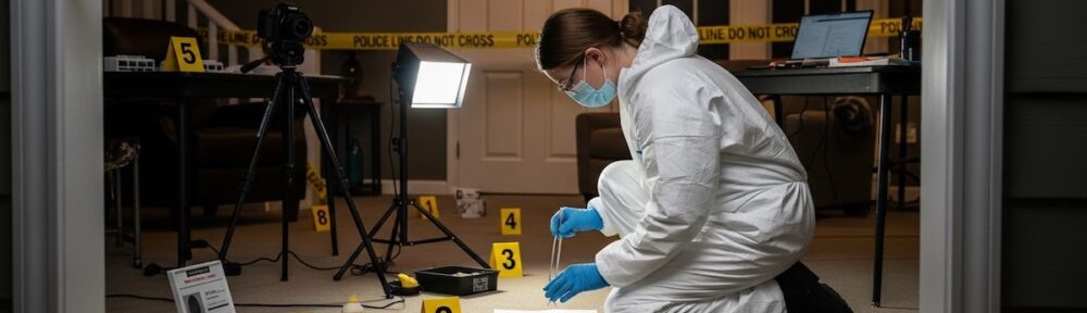 Crime scene investigator in protective suit collecting evidence with numbered markers at mock investigation scene during forensic science training
