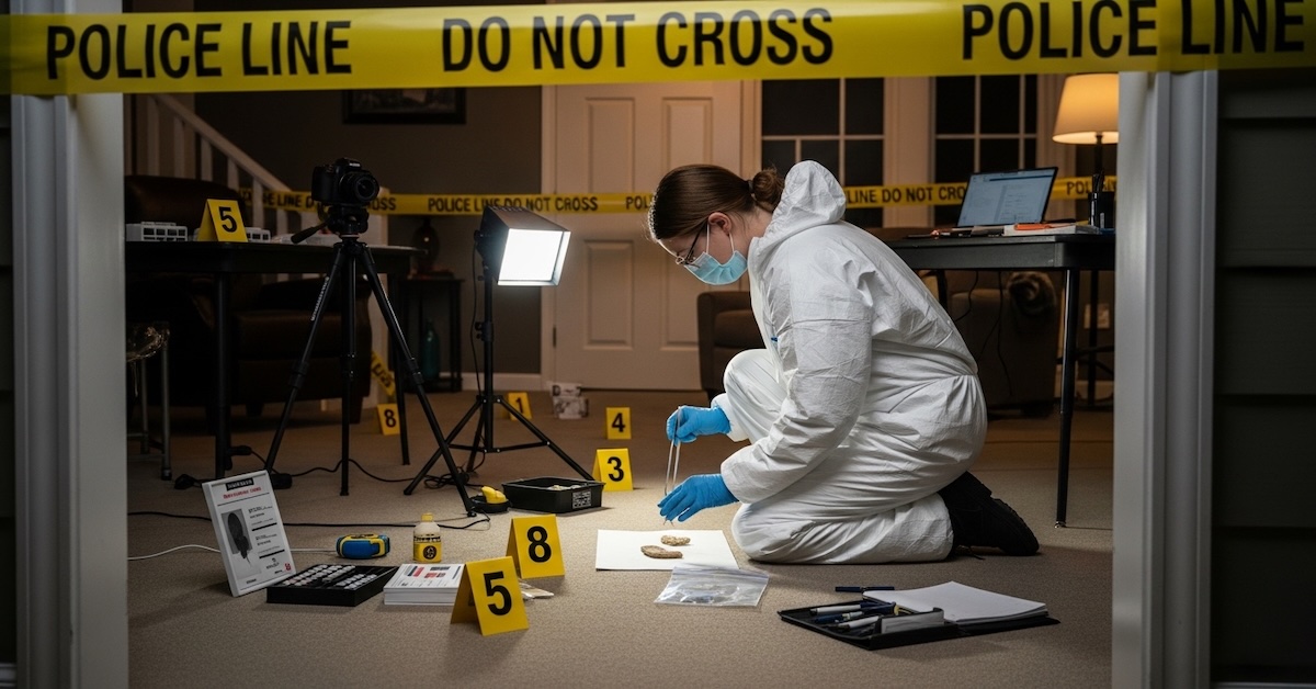 Crime scene investigator in protective suit collecting evidence with numbered markers at mock investigation scene during forensic science training